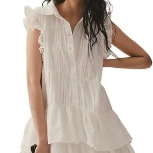 NWOT Anthropologie Sleeveless Ruffle Shirt Mini Dress—White